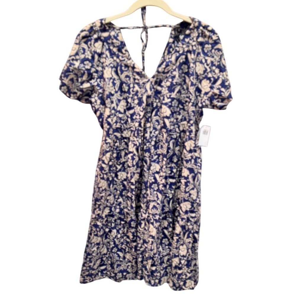 Old Navy Navy Blue‎ Floral Print V Neck Tie Back Mini Dress Size L NWT - Picture 2 of 5